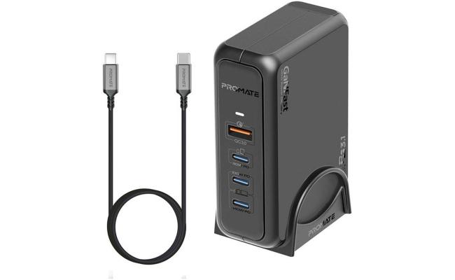 Promate GaNPort-140W Super-Speed GaNFast Charging Station with Power Delivery 3.1 & Quick Charge 3.0, Adaptive Fast Charging, Safety Protection, AC Power Cord, Black